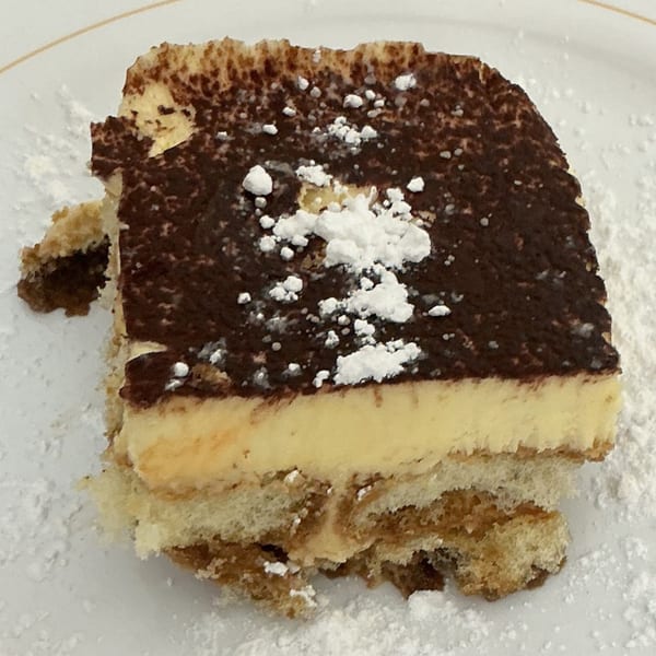 A slice of tiramisu with cocoa powder and powdered sugar on a white plate.