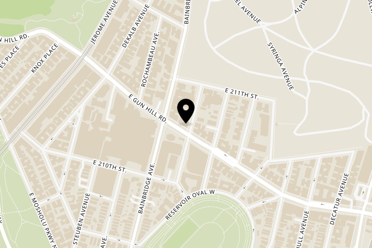 Map showing the location of Marconi’s Pizzeria on 181 E Gun Hill Rd in Bronx